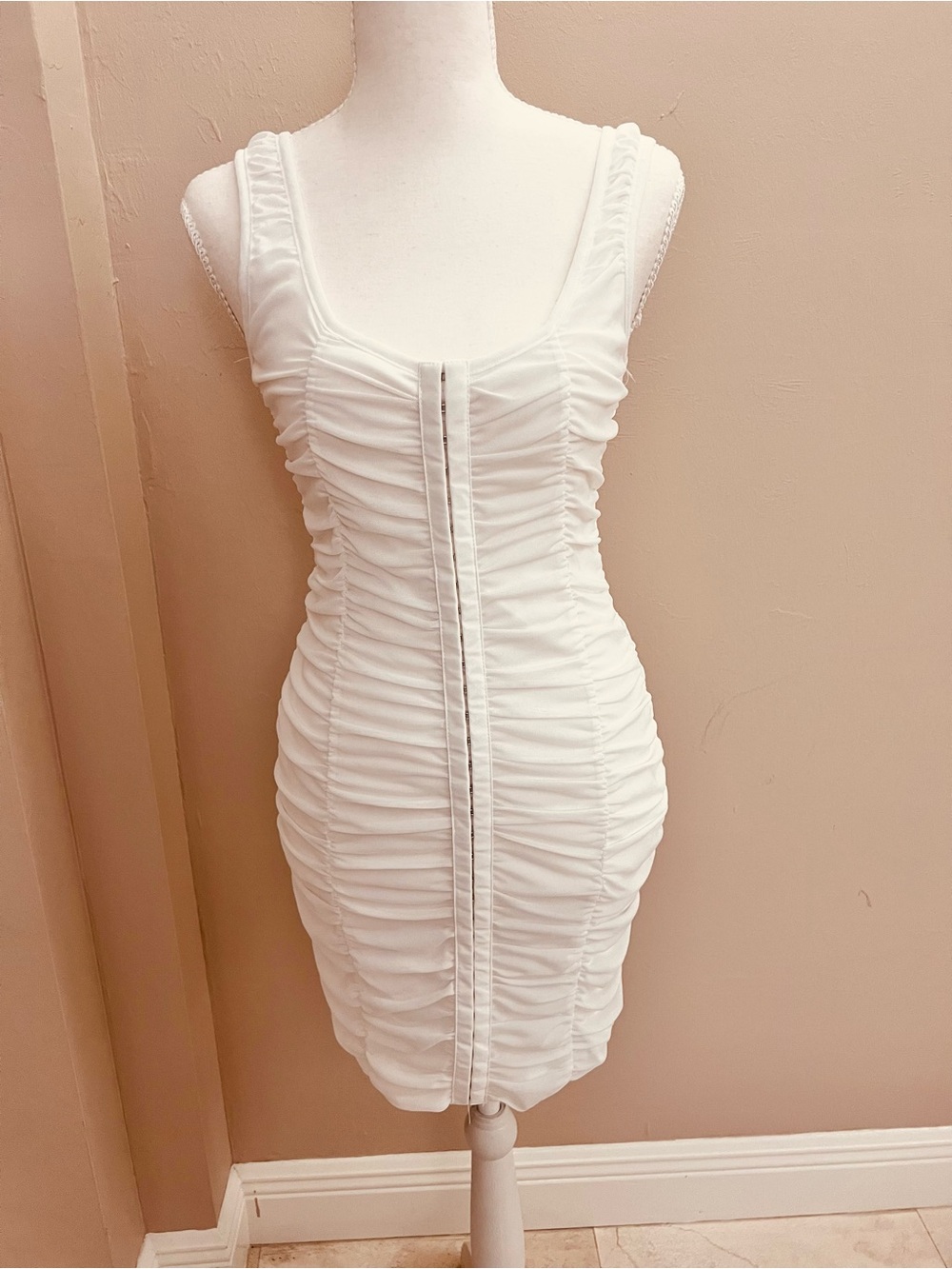 Shinestar White Ruched Scoop-Neck Mini Dress